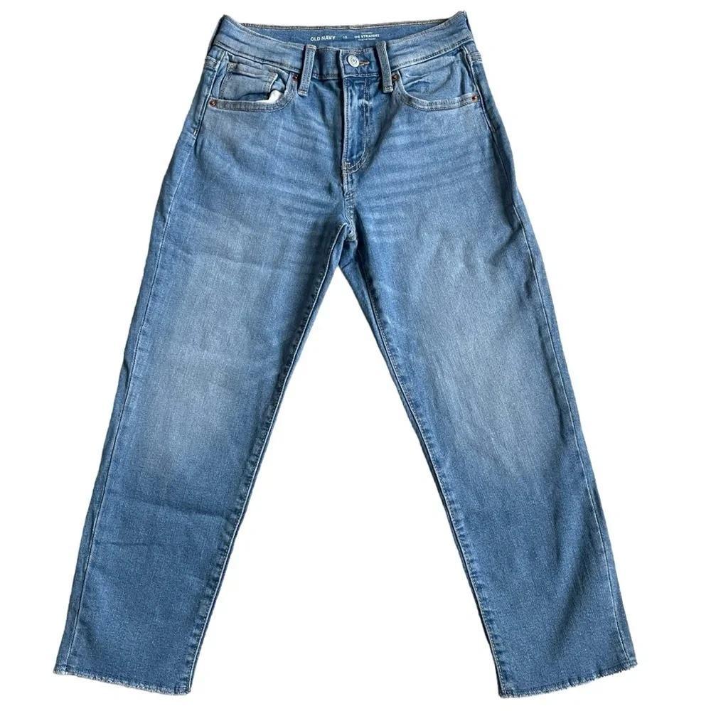 Old Navy OG Straight High Rise Jeans Girls Size 10 Cut-off Blue Medium Wash